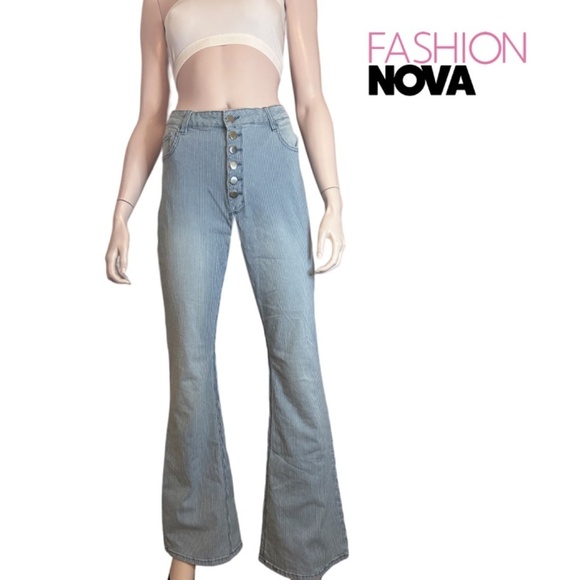 Fashion Nova Pin Me Down Stripe Flare Jeans High Waist Bell Bottom Button Fly - Picture 12 of 14